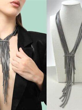 Free People Sigourney Silver Multi-Chain Fringe Necklace NWT